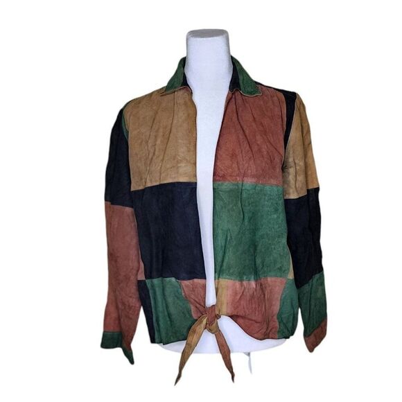 Vintage 70s Patchwork Leather Tie Waist Top Womens Size M Multicolor - Picture 1 of 9